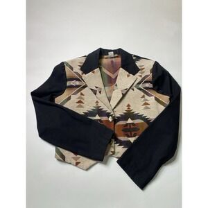 NEW FRONTIER VTG Women's L Aztec Print Cropped Blazer USA Southwestern Country